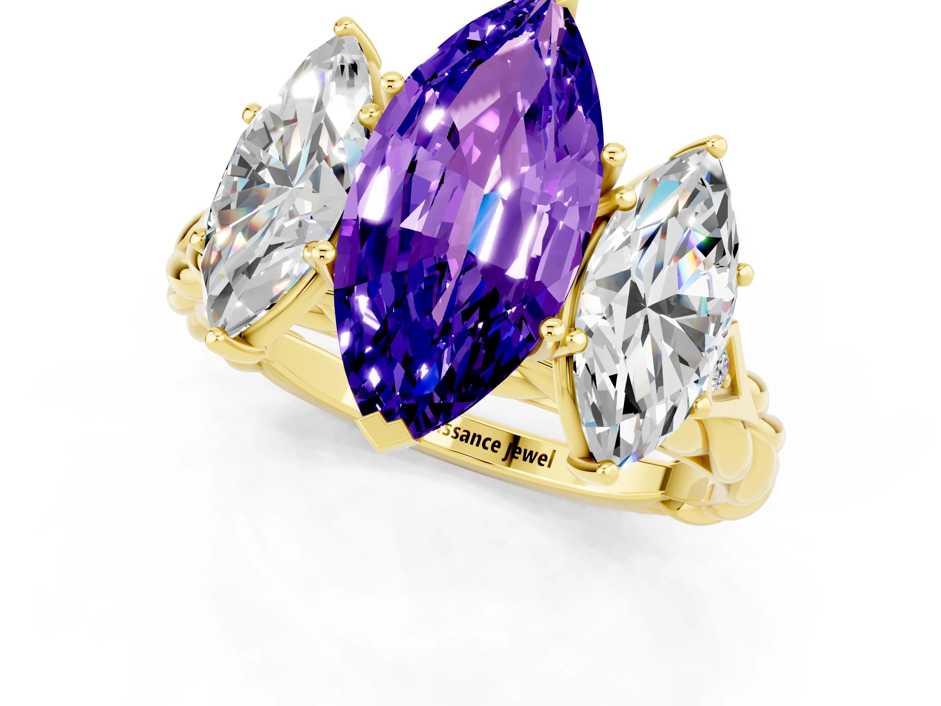 Yellow gold Three-Stone Marquise Cut Tanzanite Braided Band Ring with Four-Prong Setting_13