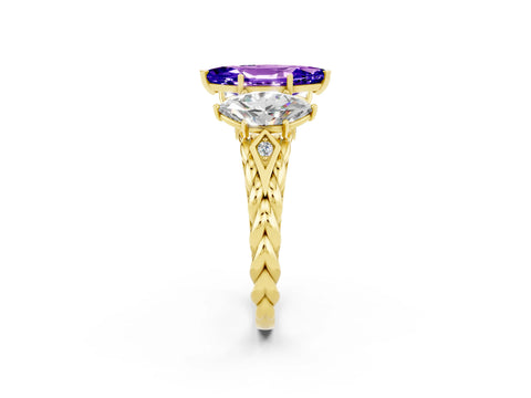 Yellow gold Three-Stone Marquise Cut Tanzanite Braided Band Ring with Four-Prong Setting_14