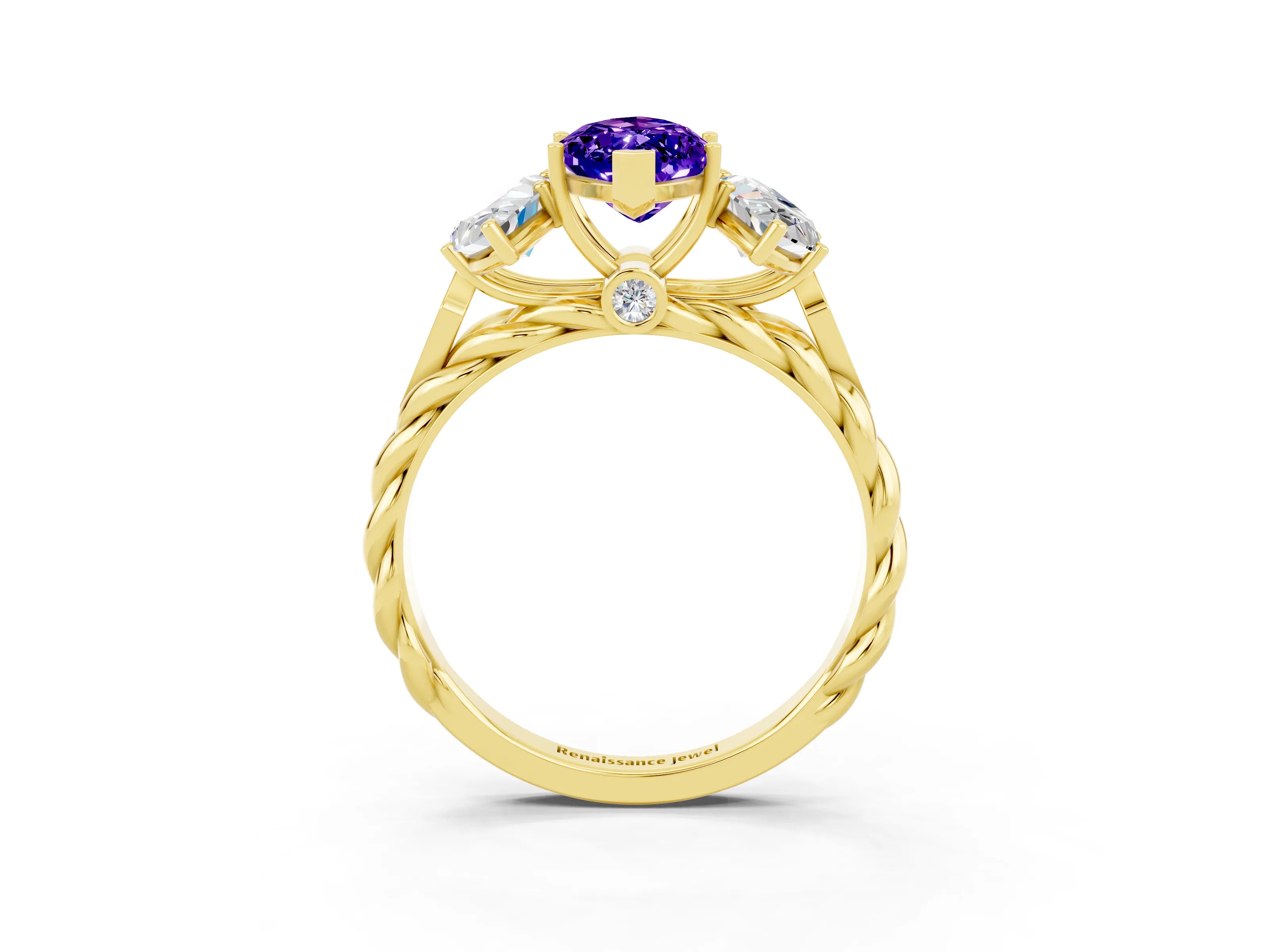 Yellow gold Three-Stone Marquise Cut Tanzanite Braided Band Ring with Four-Prong Setting_15