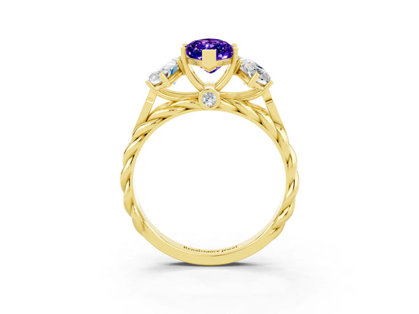 Yellow gold Three-Stone Marquise Cut Tanzanite Braided Band Ring with Four-Prong Setting