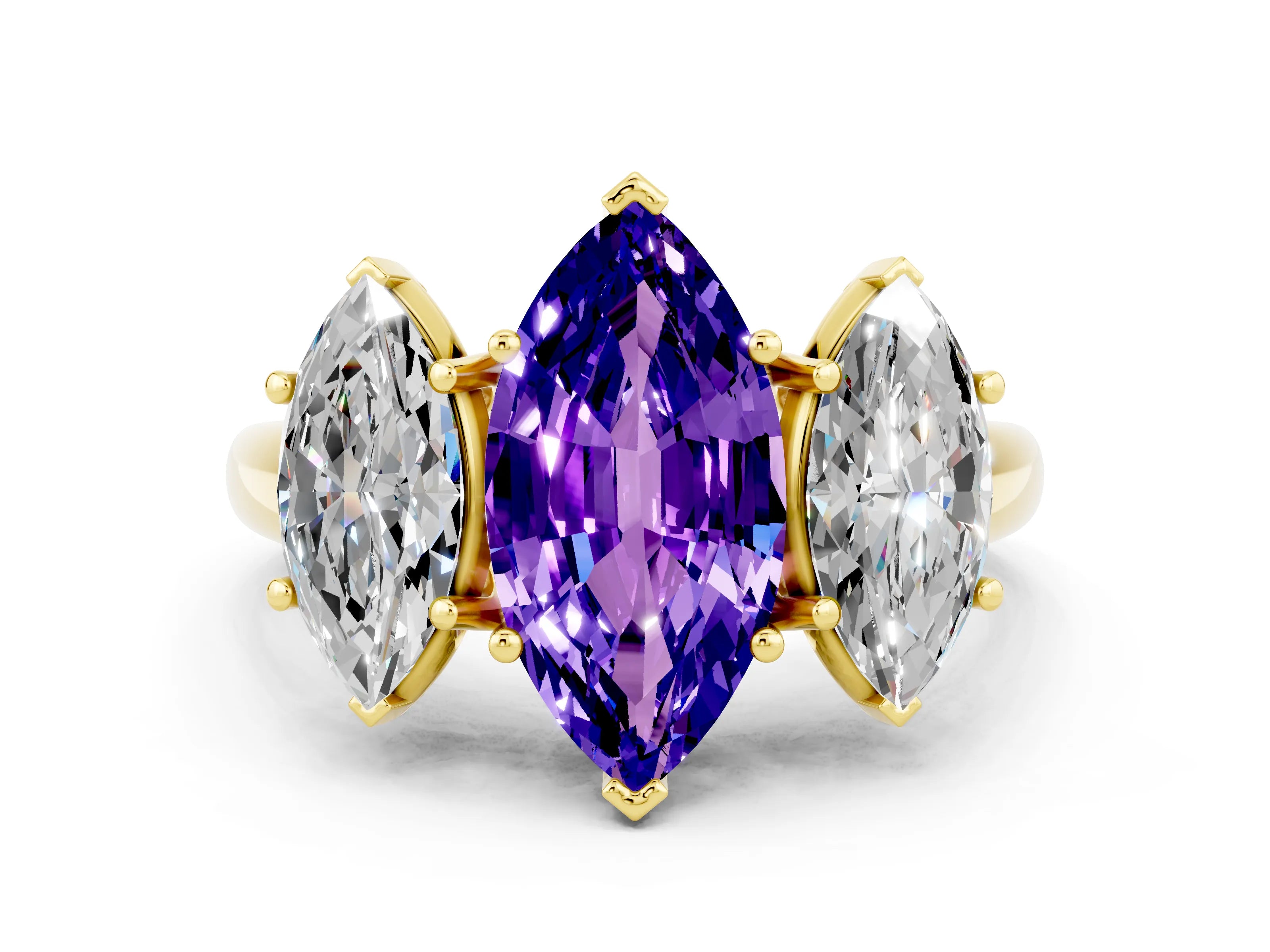 Yellow gold Three-Stone Marquise Cut Tanzanite Engagement Ring with Prong Setting