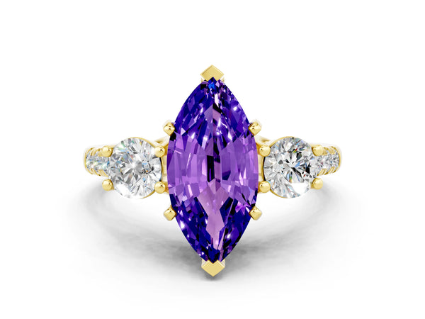 Yellow gold Three-Stone Marquise Cut Tanzanite Pavé Band with Four-Prong Setting