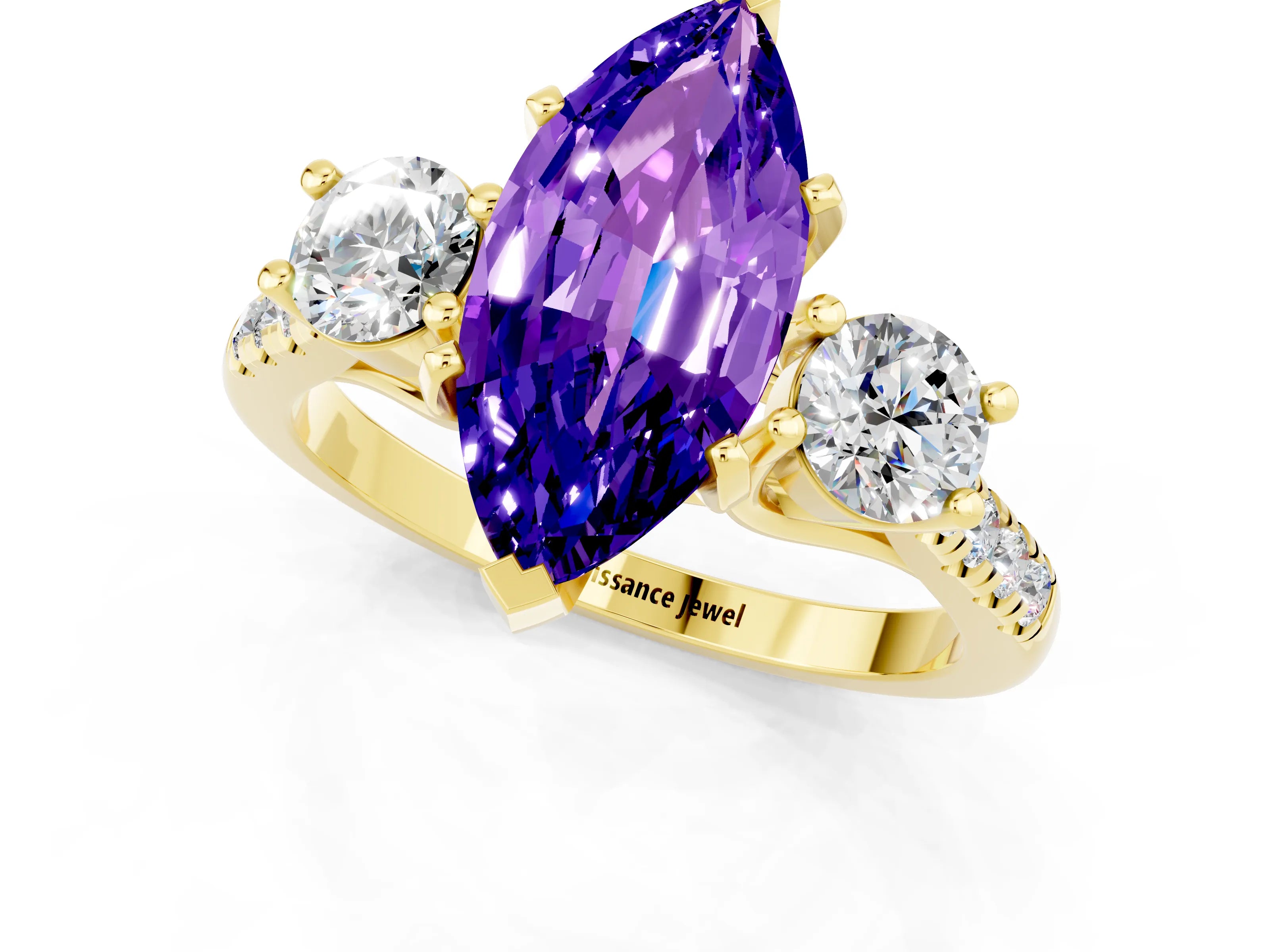 Yellow gold Three-Stone Marquise Cut Tanzanite Pavé Band with Four-Prong Setting_1