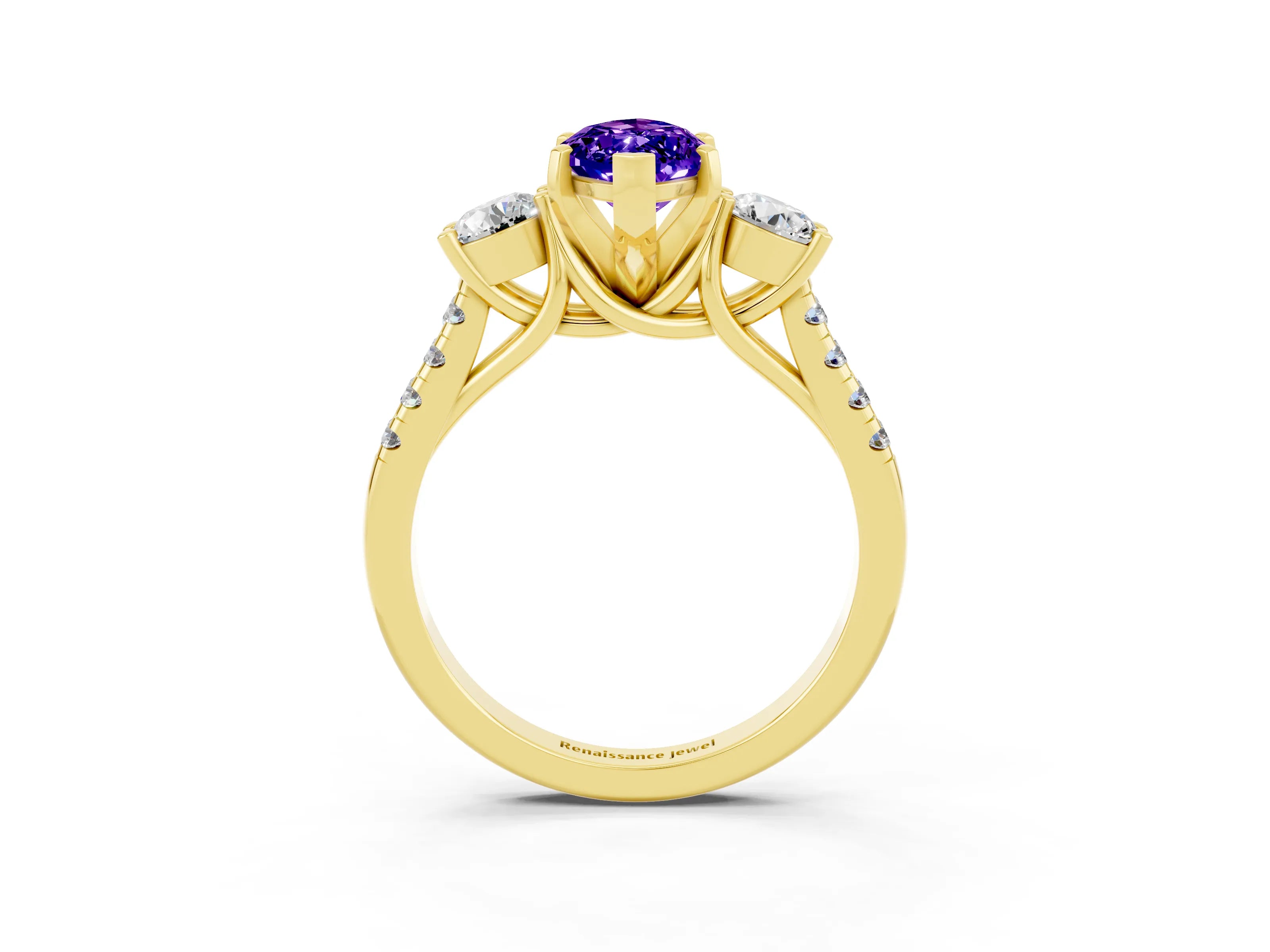 Yellow gold Three-Stone Marquise Cut Tanzanite Pavé Band with Four-Prong Setting_3