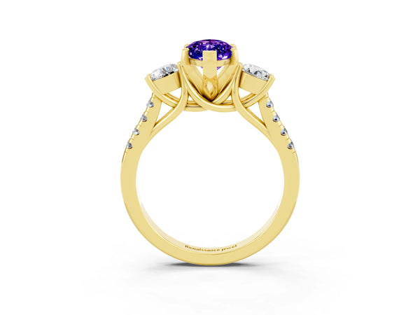 Yellow gold Three-Stone Marquise Cut Tanzanite Pavé Band with Four-Prong Setting