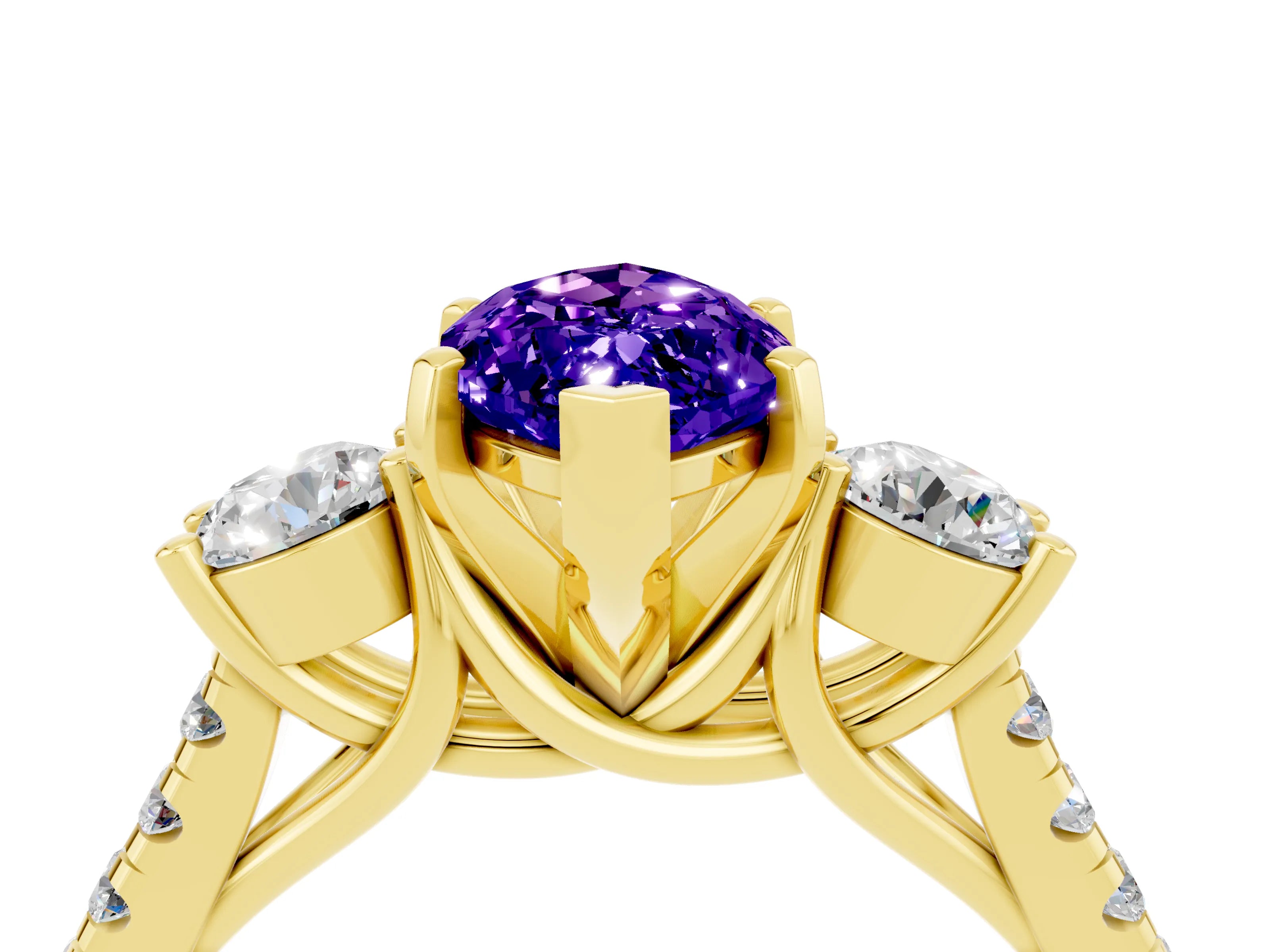 Yellow gold Three-Stone Marquise Cut Tanzanite Pavé Band with Four-Prong Setting_4