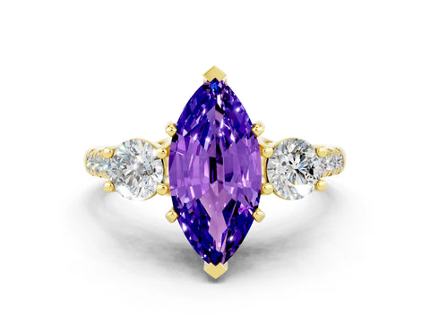 Yellow gold Three-Stone Marquise Cut Tanzanite Pavé Band with Four-Prong Setting