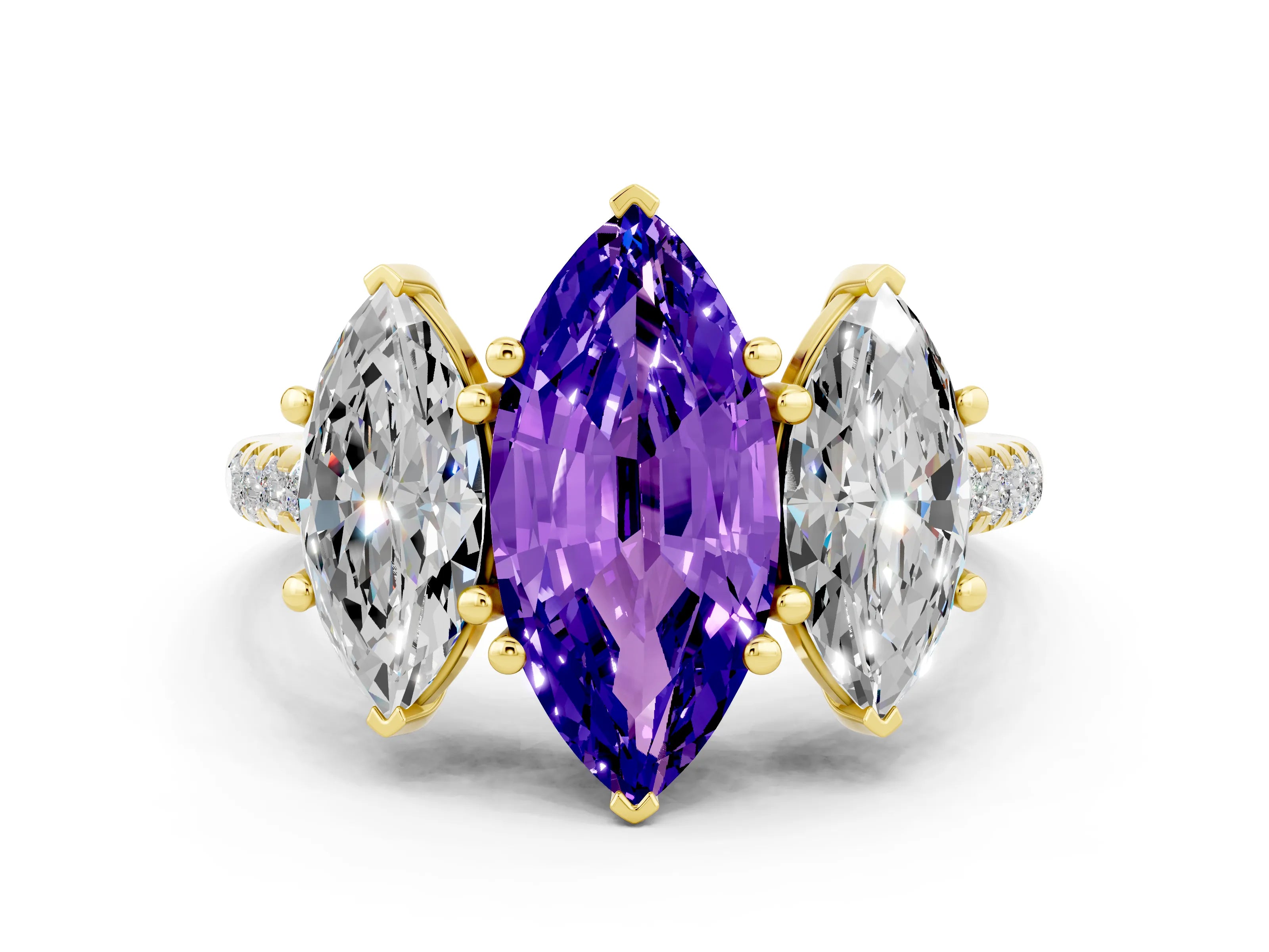 Yellow gold Three-Stone Marquise Cut Tanzanite Ring with Pavé Band and Prong Setting_12