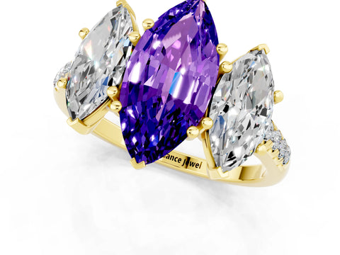 Yellow gold Three-Stone Marquise Cut Tanzanite Ring with Pavé Band and Prong Setting_13