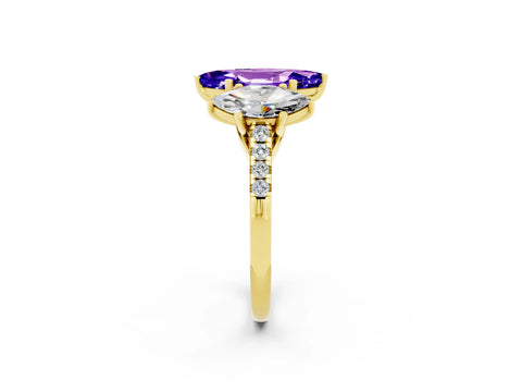Yellow gold Three-Stone Marquise Cut Tanzanite Ring with Pavé Band and Prong Setting_14