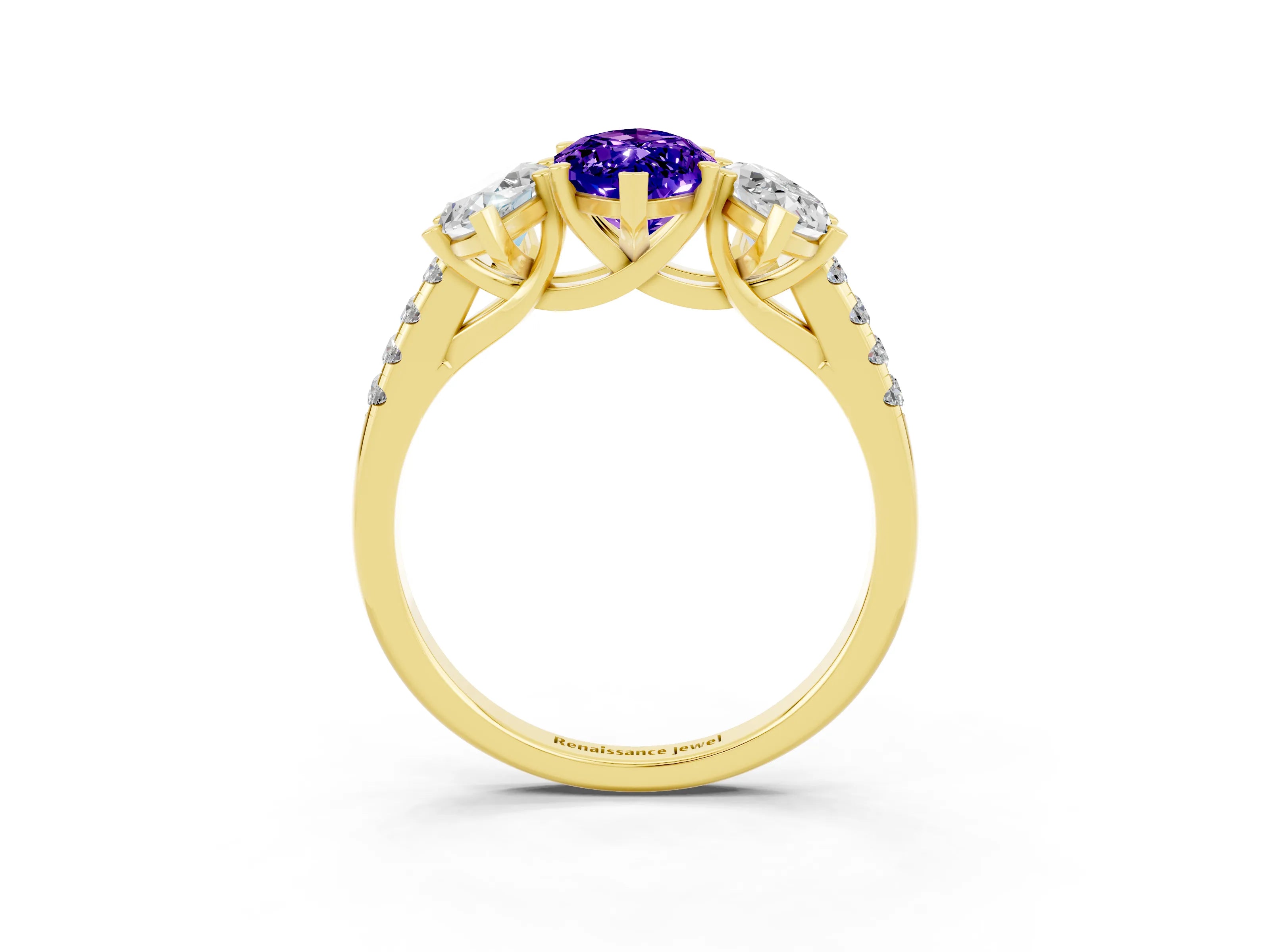 Yellow gold Three-Stone Marquise Cut Tanzanite Ring with Pavé Band and Prong Setting_15