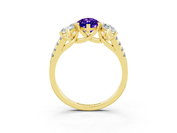 Yellow gold Three-Stone Marquise Cut Tanzanite Ring with Round  Pavé Band and Prong Setting