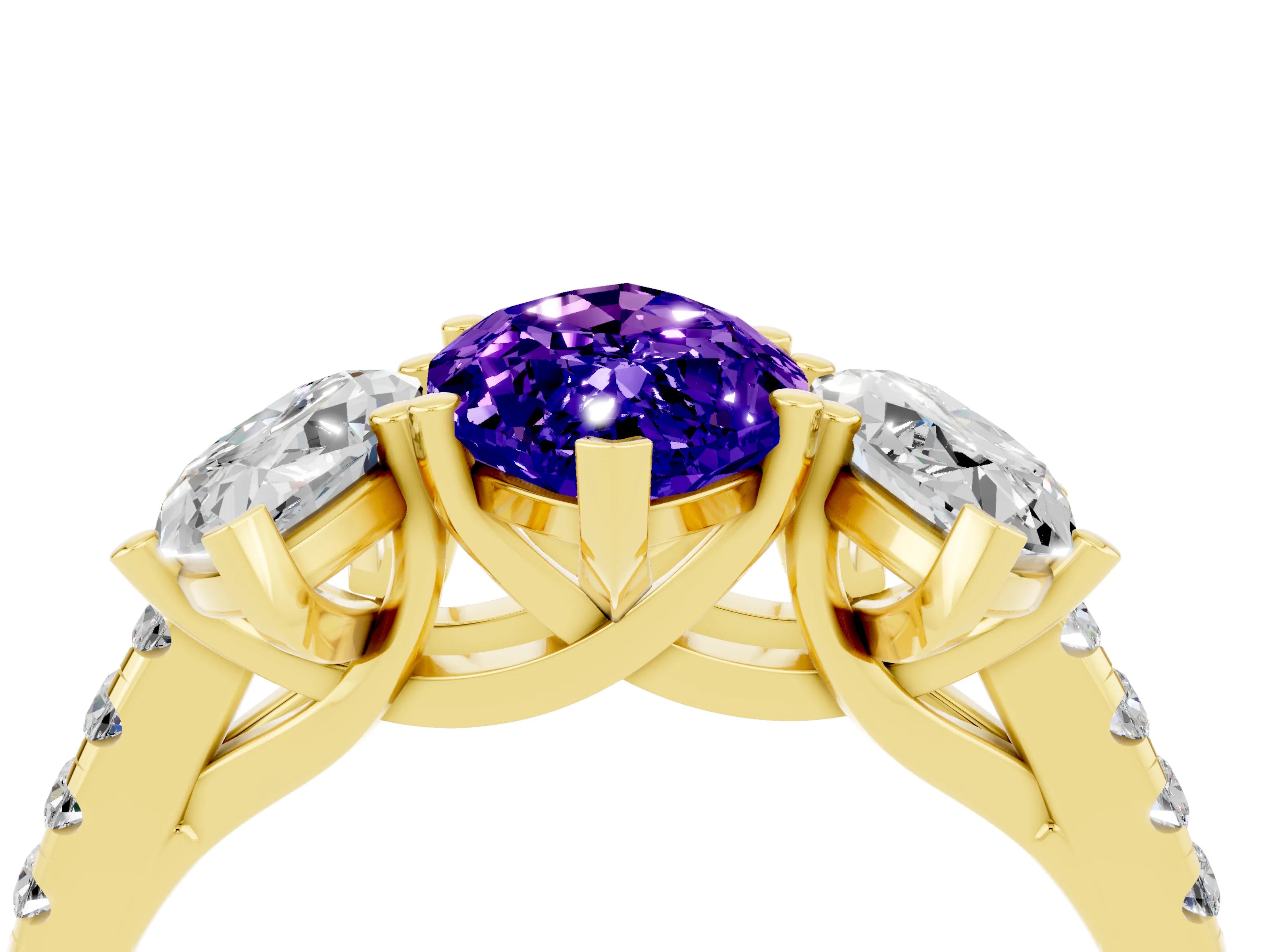 Yellow gold Three-Stone Marquise Cut Tanzanite Ring with Pavé Band and Prong Setting_16