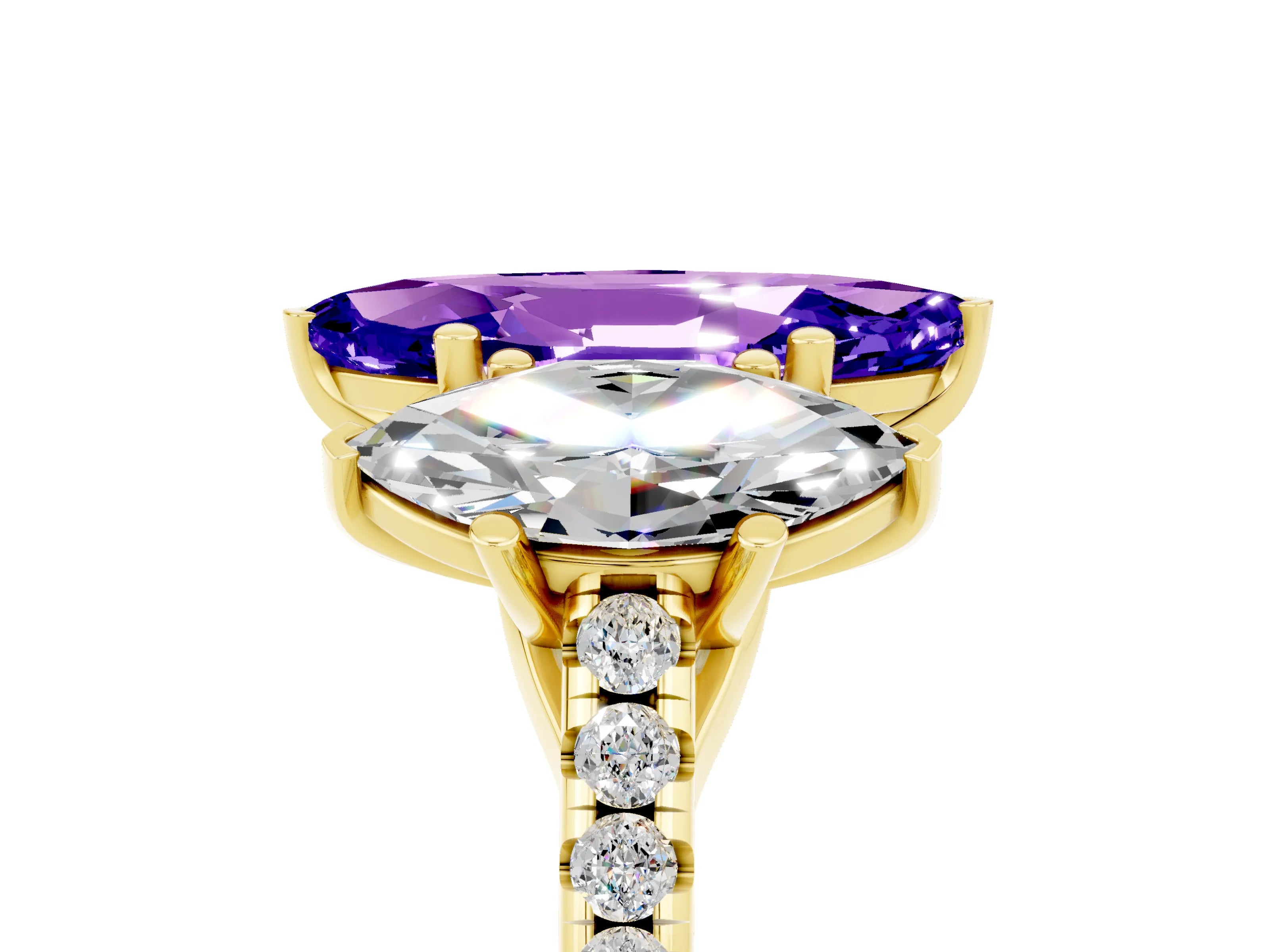 Yellow gold Three-Stone Marquise Cut Tanzanite Ring with Pavé Band and Prong Setting_17