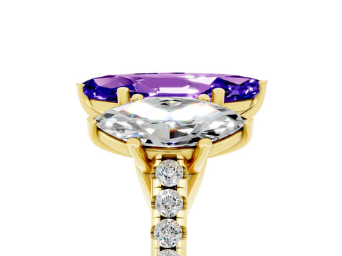 Yellow gold Three-Stone Marquise Cut Tanzanite Ring with Pavé Band and Prong Setting_17