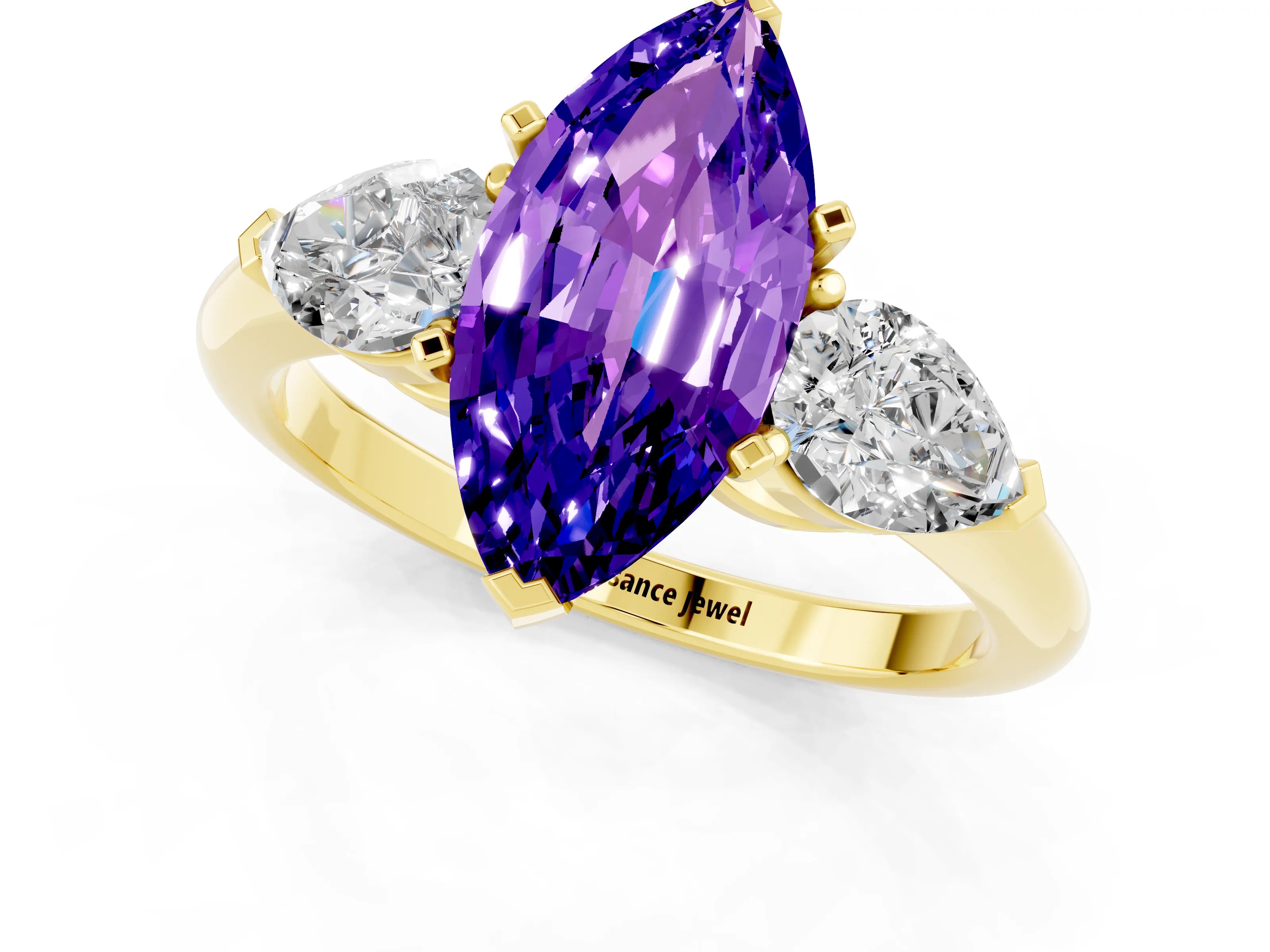Yellow gold Three-Stone Marquise Cut Tanzanite Ring with Pear Side Stones and Four-Prong Setting_1