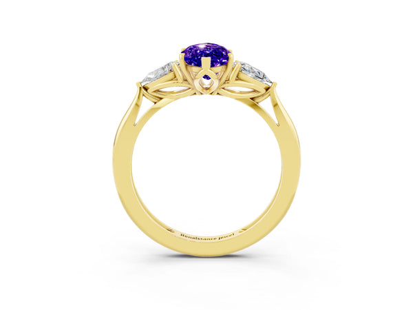 Yellow gold Three-Stone Marquise Cut Tanzanite Ring with Pear  Side Stones in Four-Prong Setting