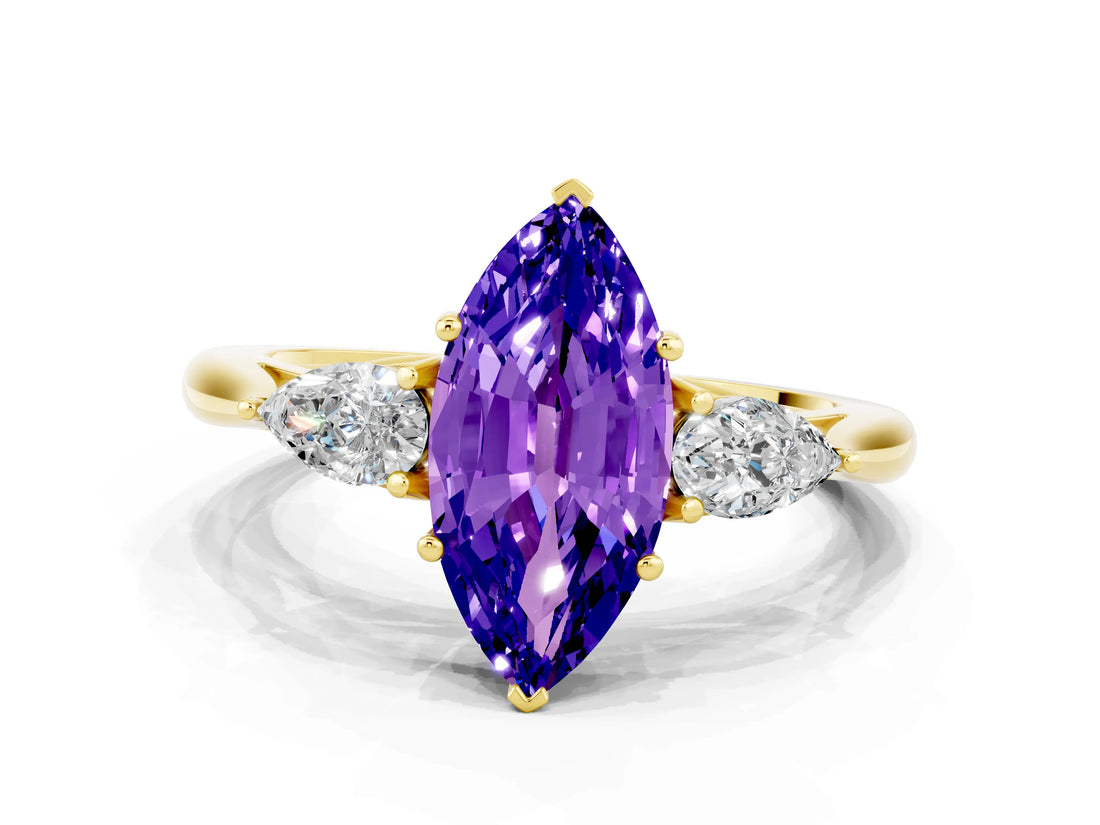 Yellow gold Three-Stone Marquise Cut Tanzanite Ring with Pear  Side Stones in Four-Prong Setting_36