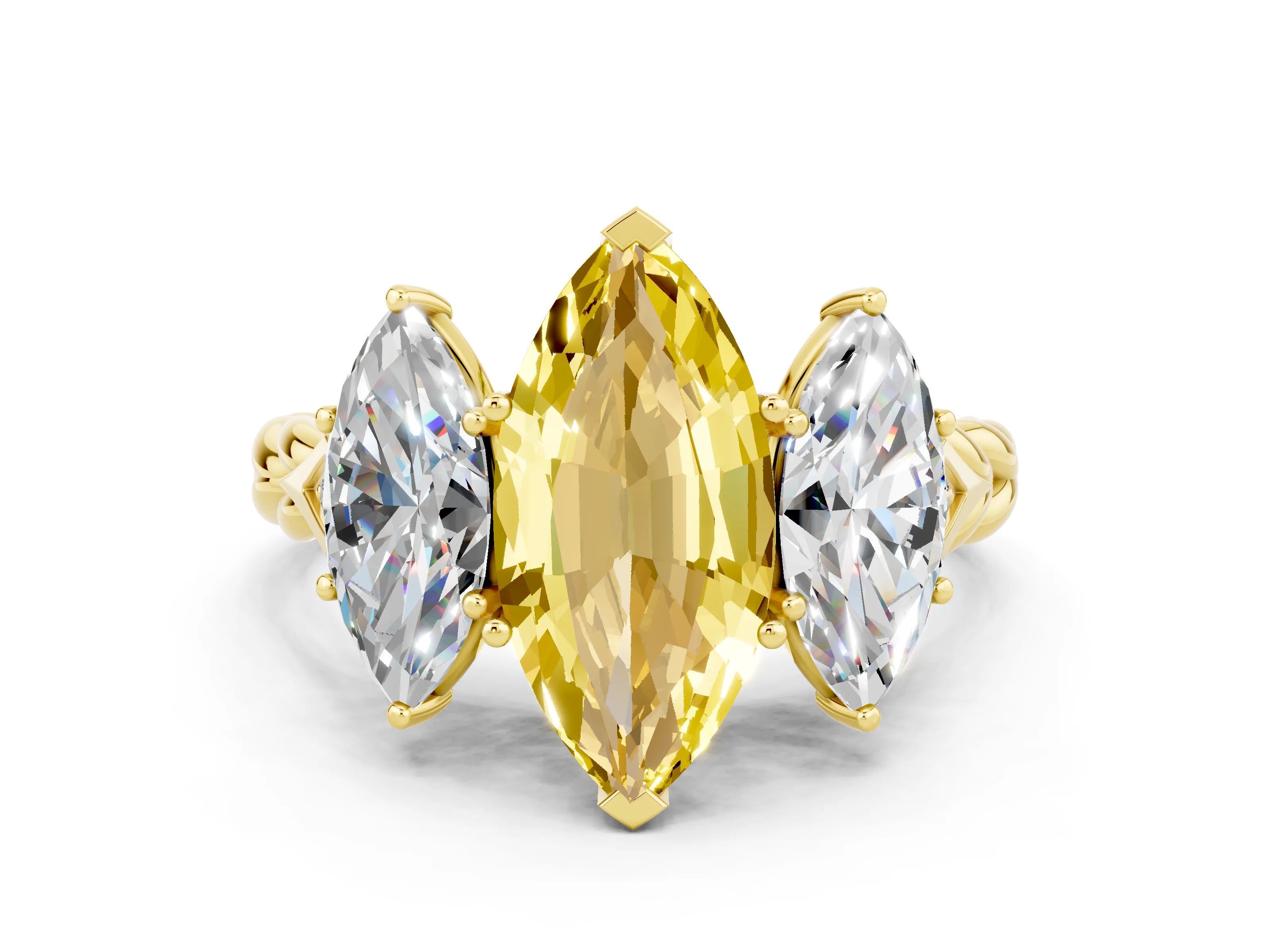 Yellow gold Three-Stone Marquise Cut Yellow Sapphire Braided Band Ring with Four-Prong Setting_36
