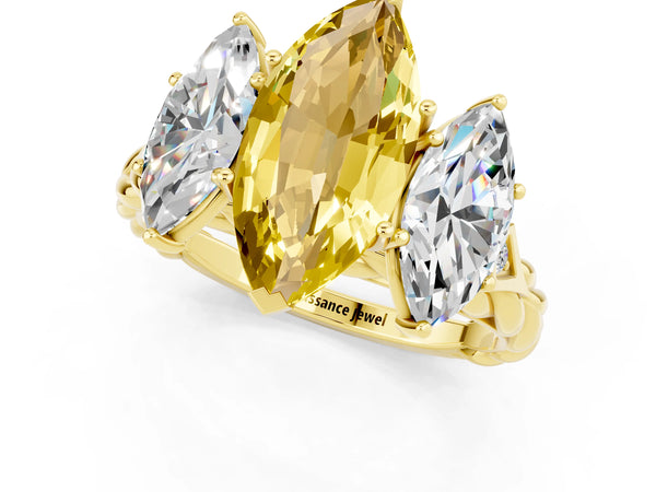 Yellow gold Three-Stone Marquise Cut Yellow Sapphire Braided Band Ring with Four-Prong Setting