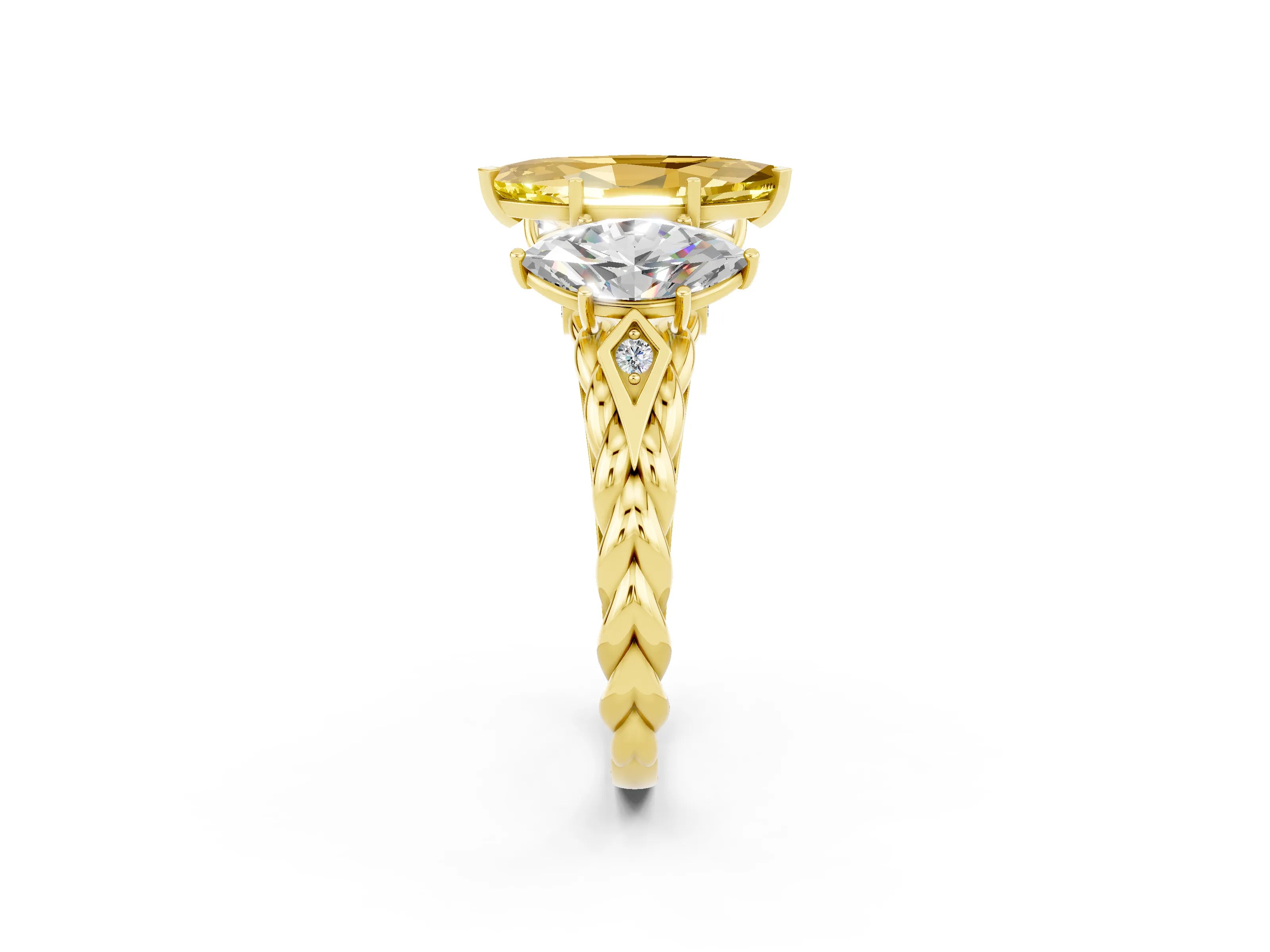 Yellow gold Three-Stone Marquise Cut Yellow Sapphire Braided Band Ring with Four-Prong Setting_38