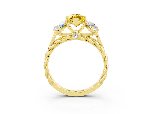 Yellow gold Three-Stone Marquise Cut Yellow Sapphire Braided Band Ring with Four-Prong Setting