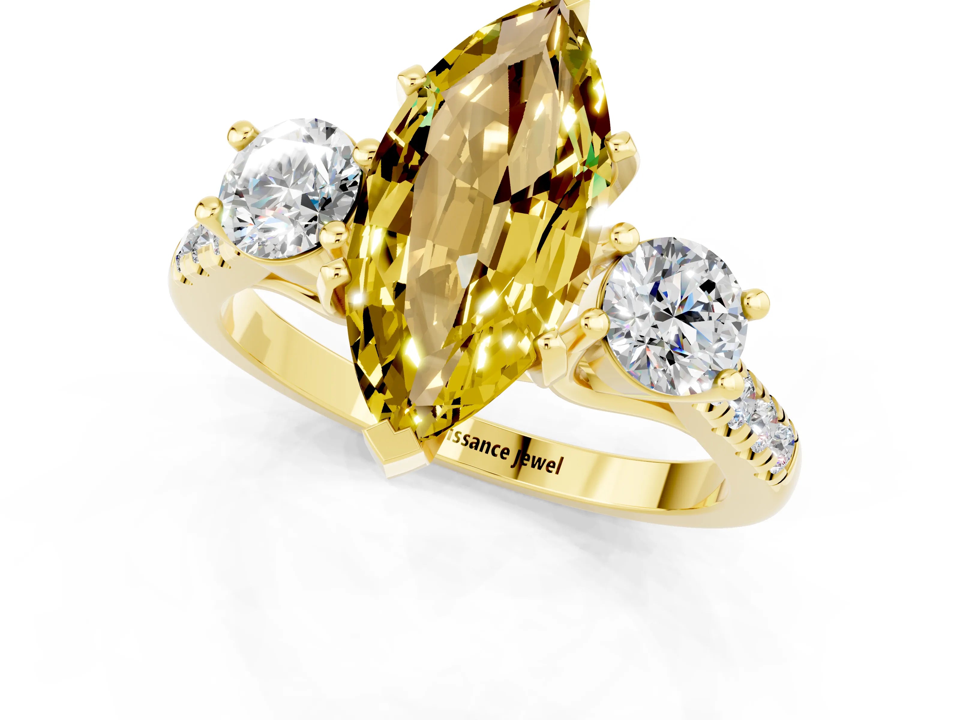 Yellow gold Three-Stone Marquise Cut Yellow Sapphire Pavé Band with Four-Prong Setting_25