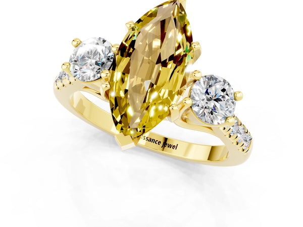 Yellow gold Three-Stone Marquise Cut Yellow Sapphire Pavé Band with Four-Prong Setting
