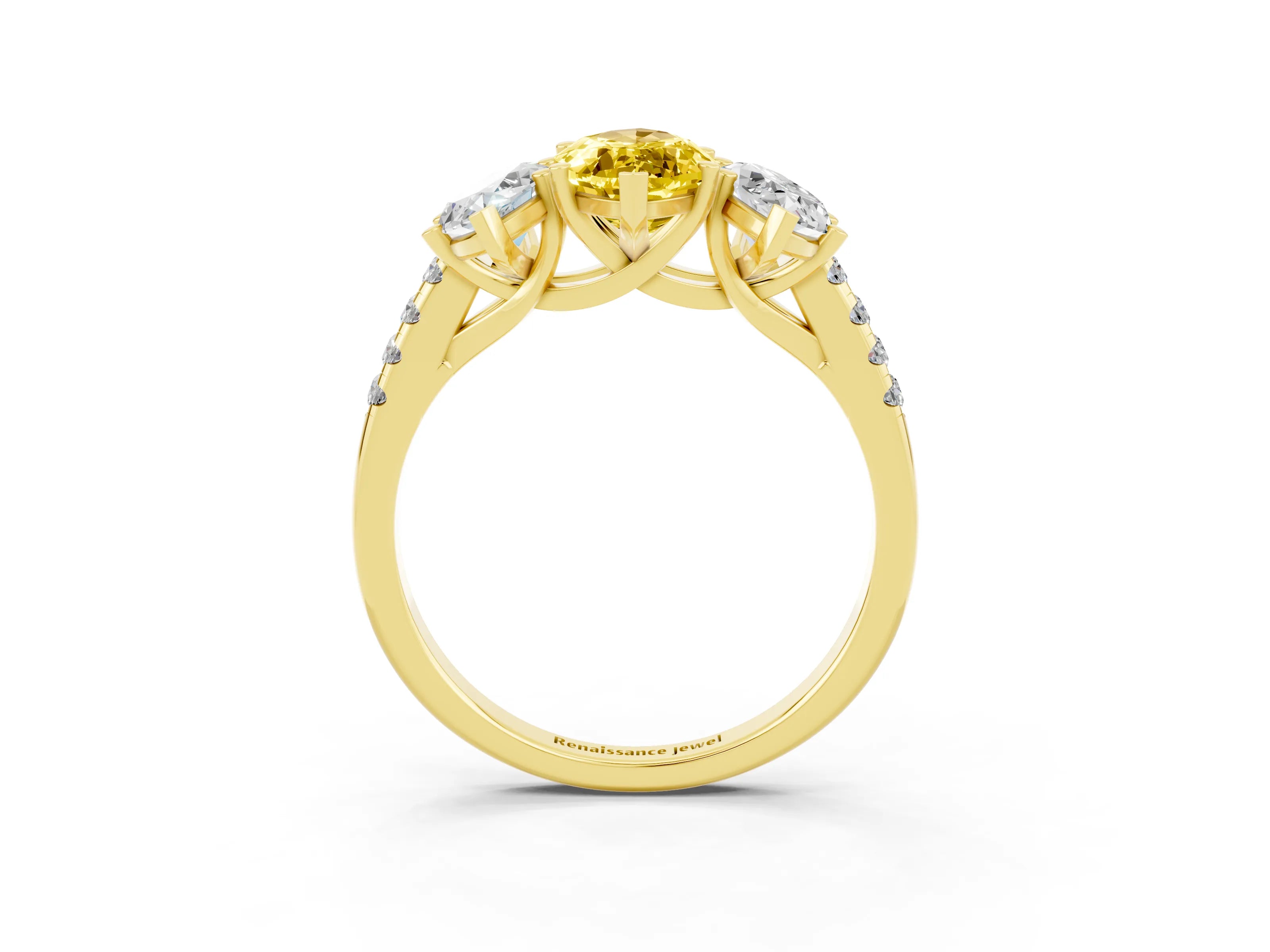 Yellow gold Three-Stone Marquise Cut Yellow Sapphire Ring with Pavé Band and Prong Setting_39