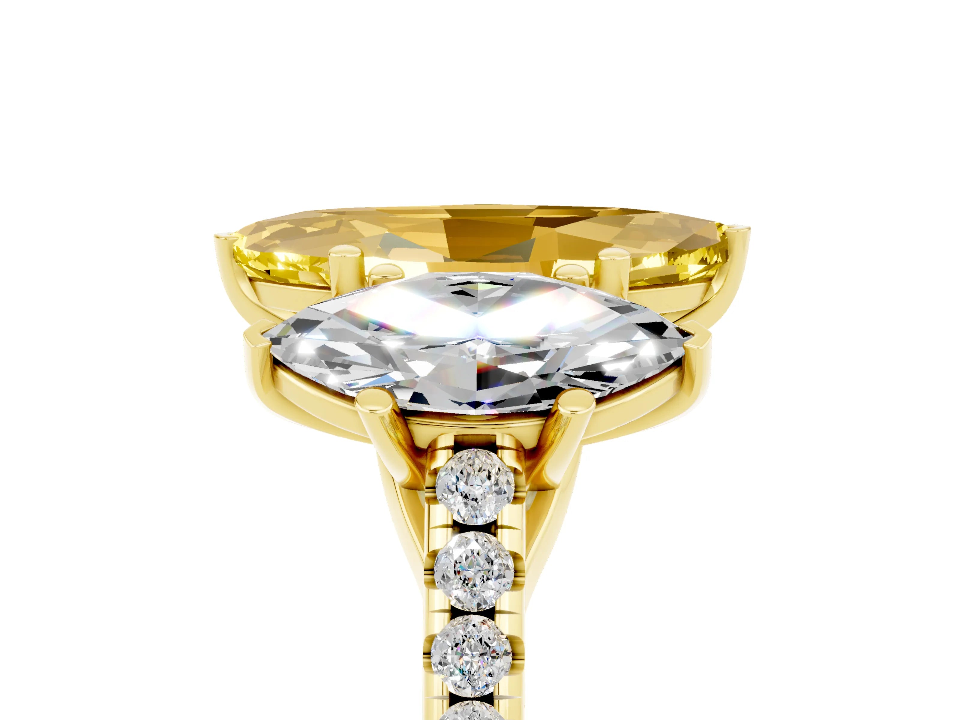 Yellow gold Three-Stone Marquise Cut Yellow Sapphire Ring with Pavé Band and Prong Setting_41