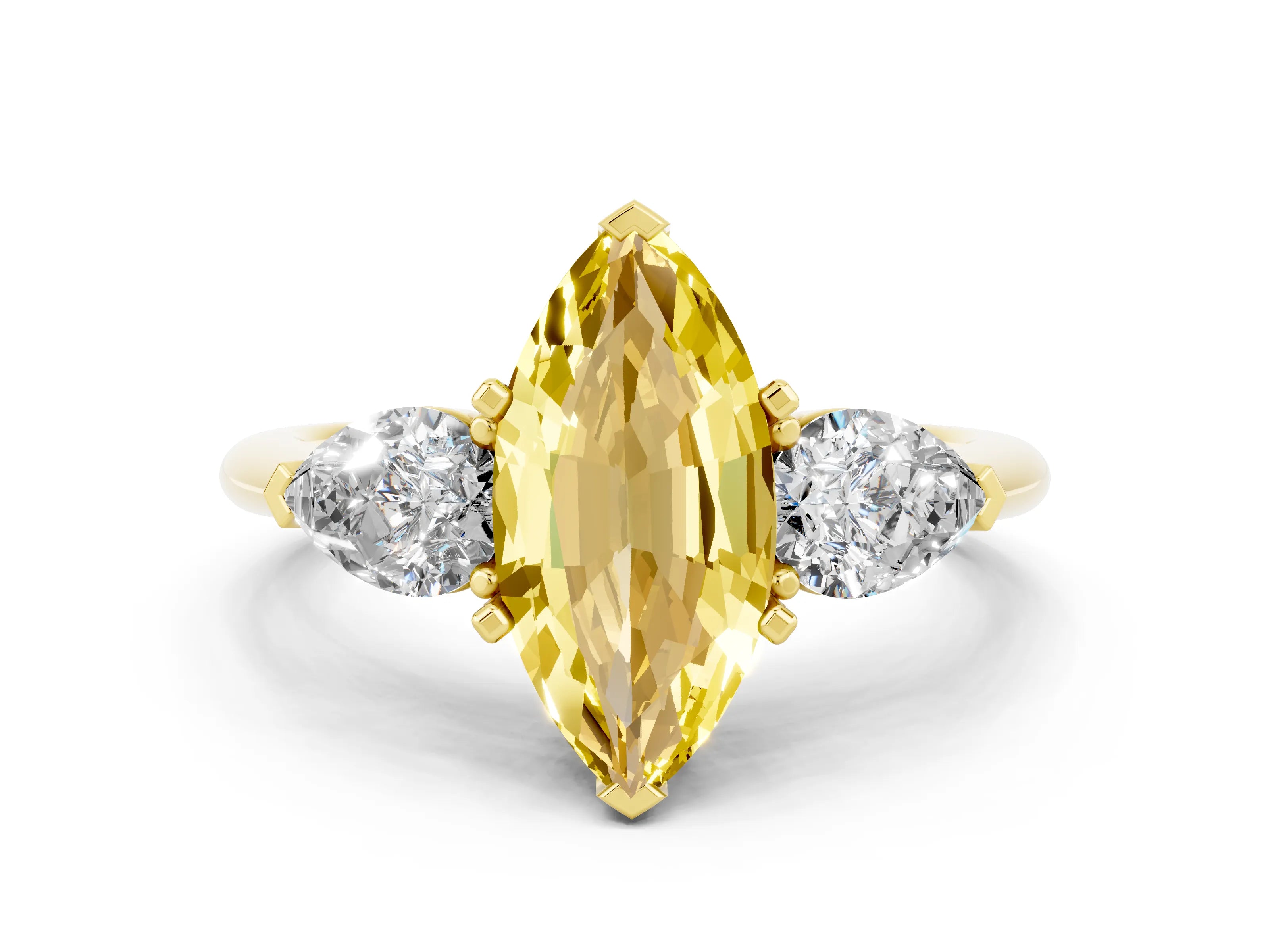 Yellow gold Three-Stone Marquise Cut Yellow Sapphire Ring with Pear Side Stones and Four-Prong Setting_24