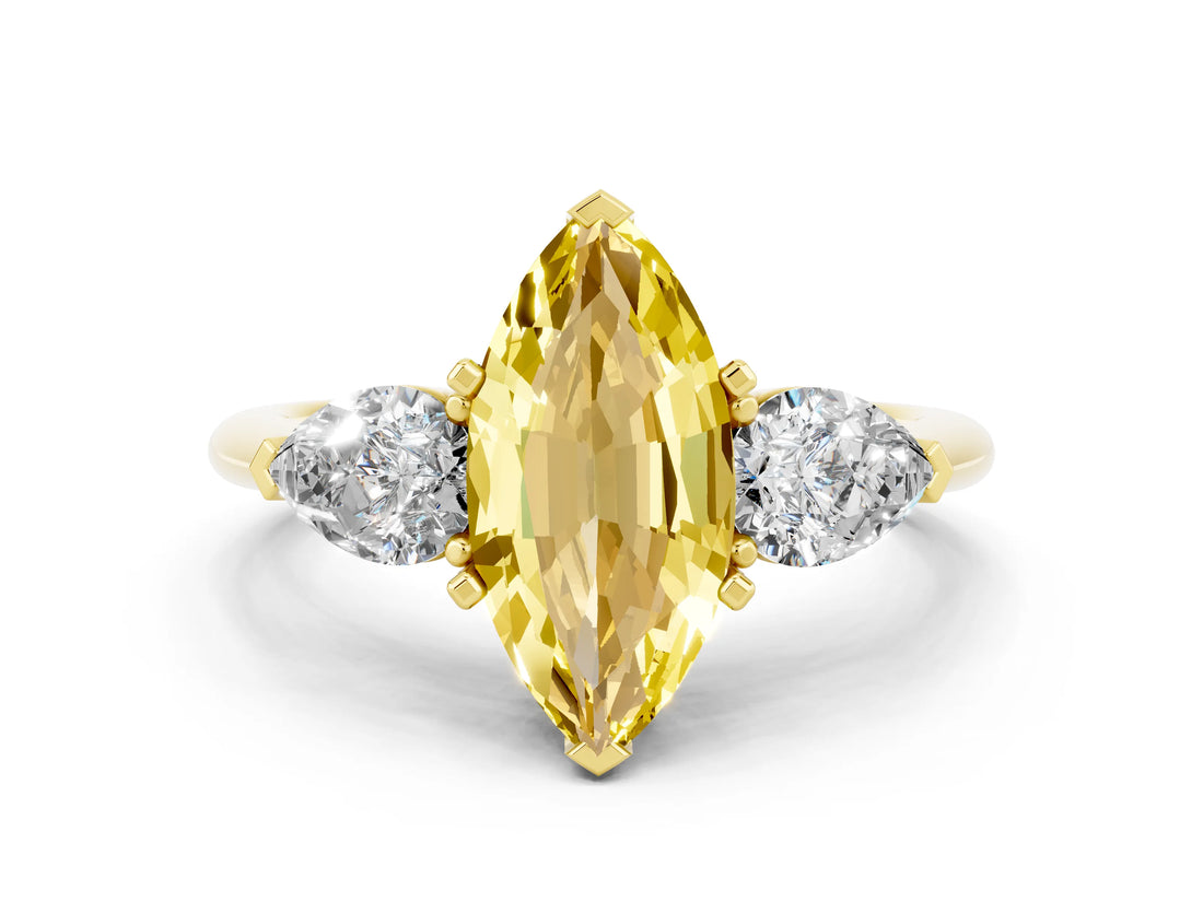 Yellow gold Three-Stone Marquise Cut Yellow Sapphire Ring with Pear Side Stones and Four-Prong Setting_24
