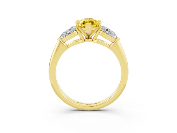 Yellow gold Three-Stone Marquise Cut Yellow Sapphire Ring with Pear Side Stones and Four-Prong Setting