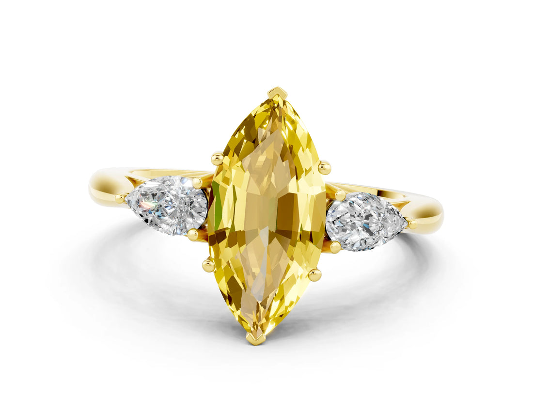 Yellow gold Three-Stone Marquise Cut Yellow Sapphire Ring with Pear  Side Stones in Four-Prong Setting_12