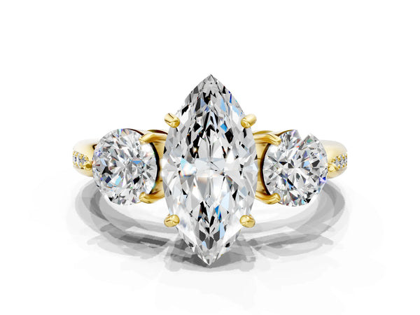 Yellow gold Three-Stone Marquise Diamond Channel Set Engagement Ring with Prong Setting