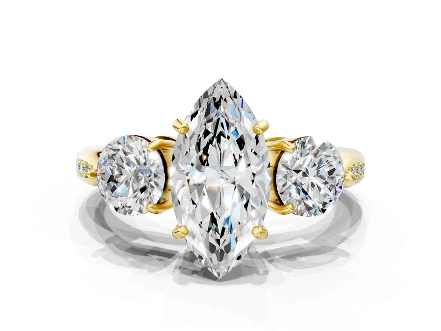 Yellow gold Three-Stone Marquise Diamond Channel Set Engagement Ring with Prong Setting