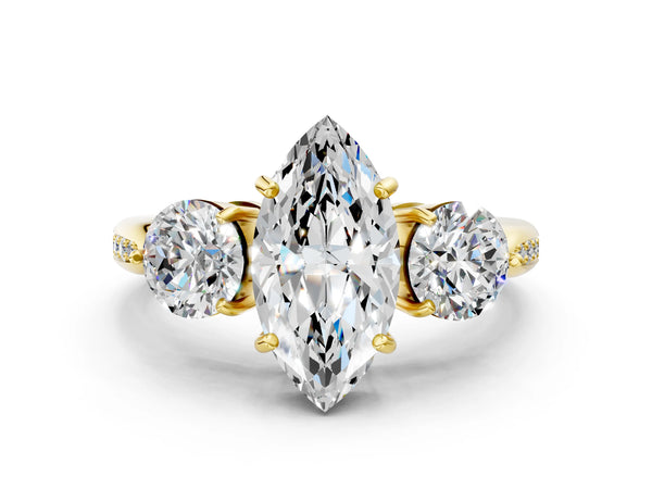 Yellow gold Three-Stone Marquise Diamond Channel Set Engagement Ring with Prong Setting