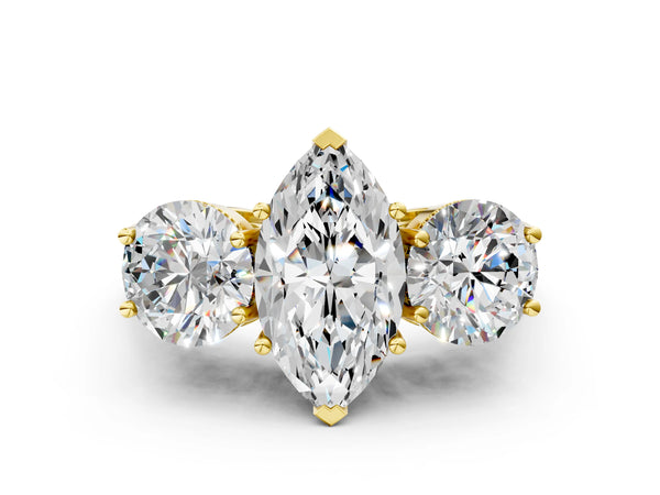 Yellow gold Three-Stone Marquise Diamond Engagement Ring with Prong Setting on a Classic Band