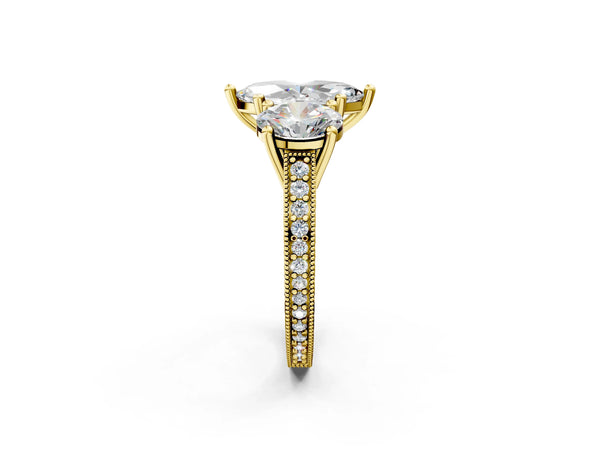 Yellow Gold Marquise Three-Stone Vintage Engagement Ring Setting with Graduated Milgrain Pave Band