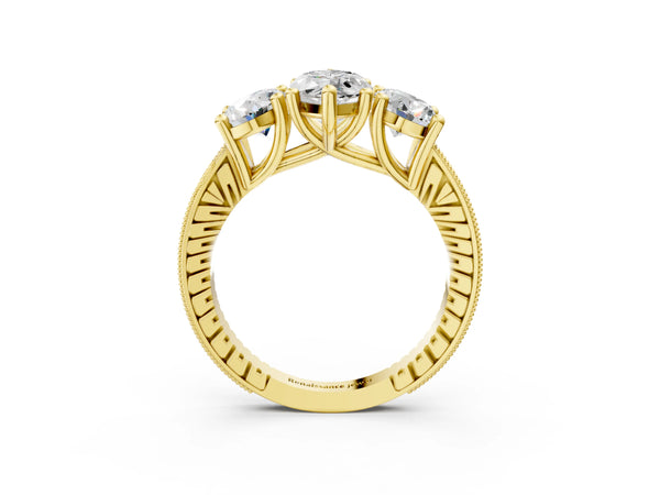 Yellow Gold Marquise Three-Stone Vintage Engagement Ring Setting with Graduated Milgrain Pave Band