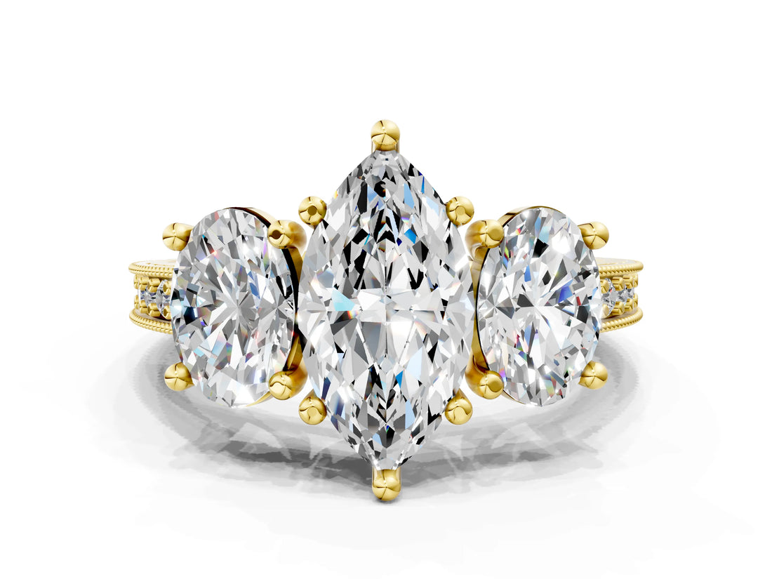 Yellow gold Three-Stone Marquise Diamond Milgrain Pave Band with Prong Setting
