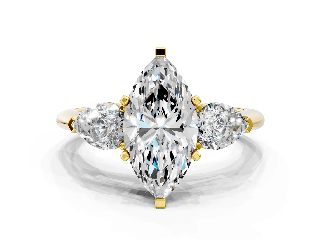 Yellow gold Three-Stone Marquise Diamond Ring with Pear Side Stones in Four-Prong Setting_107