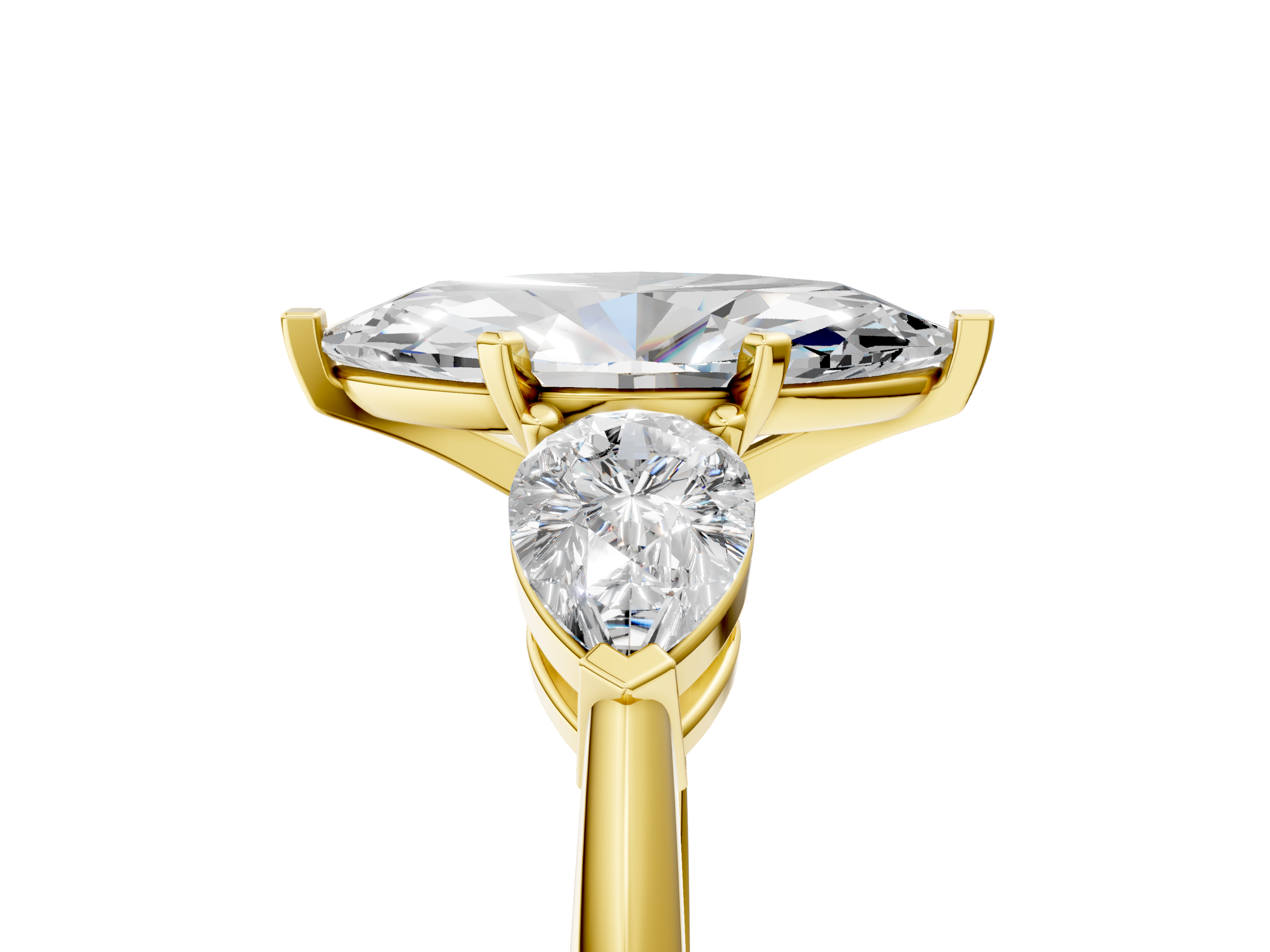 Yellow gold Three-Stone Marquise Diamond Ring with Pear Side Stones in Four-Prong Setting_112