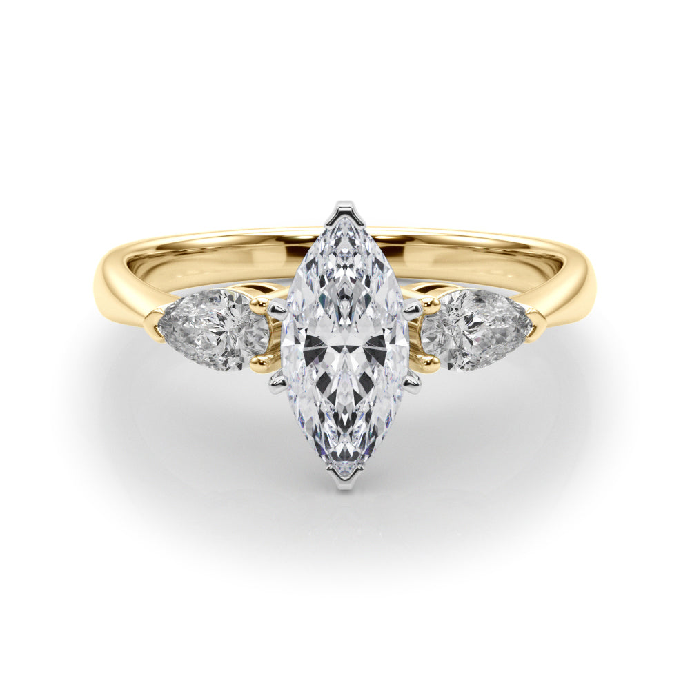 Yellow gold Three-Stone Marquise Diamond Ring with Pear Side Stones on a Platinum Band with Four-Prong Setting 1