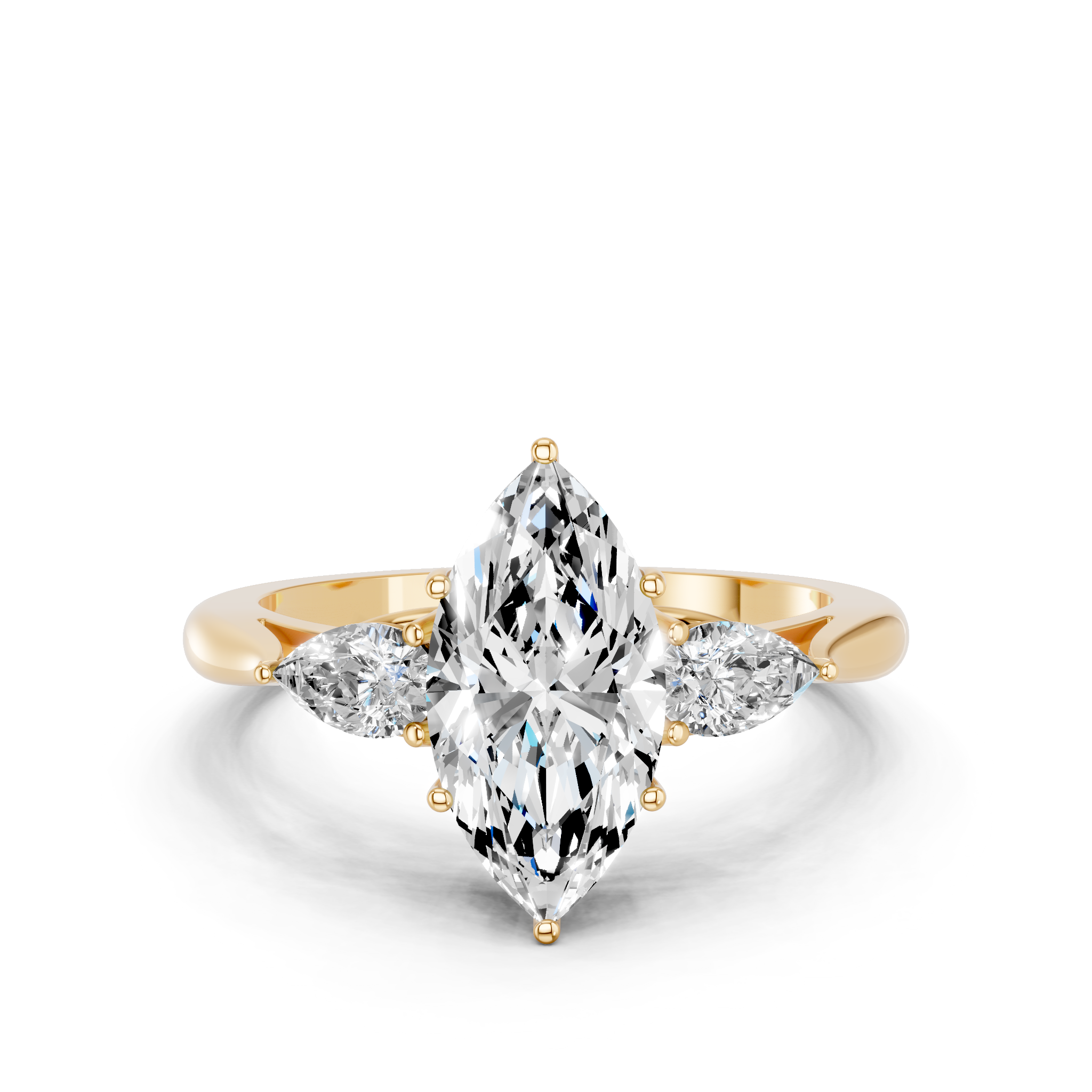 Yellow gold Three-Stone Marquise Diamond Solitaire Ring with Pear Side Stones and Four-Prong Setting_24