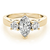 Yellow gold Three-Stone Marquise Diamond Solitaire with Round Accents and Prong Setting on a Classic Band 1