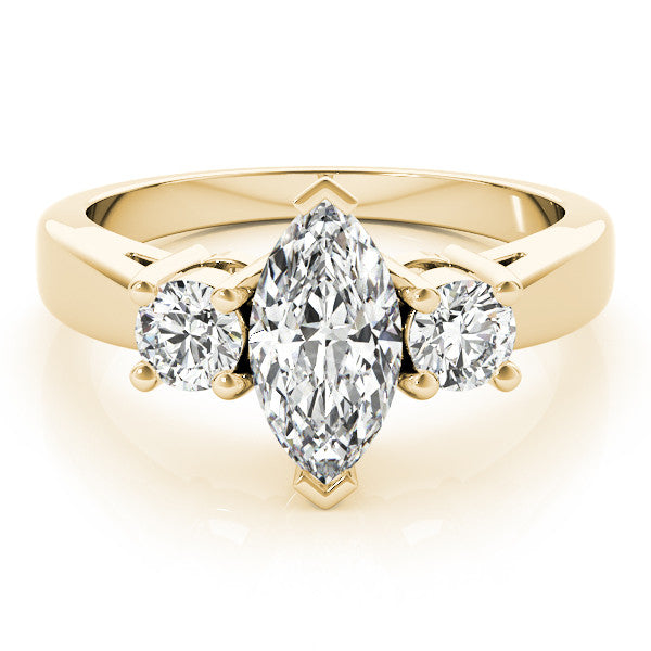 Yellow gold Three-Stone Pear Cut Diamond Solitaire with Round Accents and Prong Setting on a Classic Band