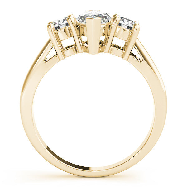 Yellow gold Three-Stone Pear Cut Diamond Solitaire with Round Accents and Prong Setting on a Classic Band