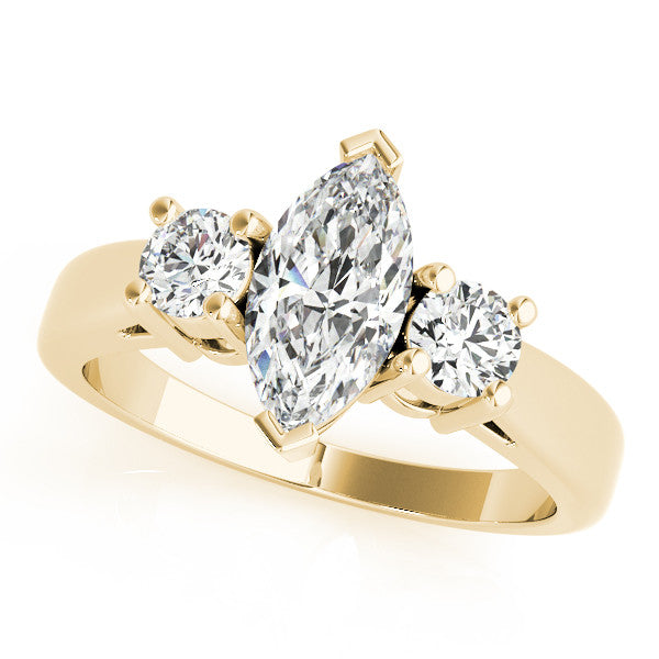 Yellow gold Three-Stone Pear Cut Diamond Solitaire with Round Accents and Prong Setting on a Classic Band
