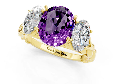 Yellow gold Three-Stone Oval Cut Amethyst Braided Band Ring with Four-Prong Setting_13